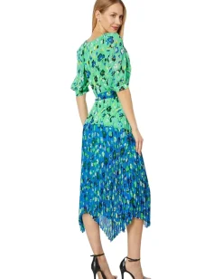 Maggy London Short Puff Sleeve with Belt At Waist and Pleated High-Low Skirt Mint Green/Green Hot