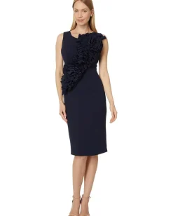 Betsy & Adam Short scuba crepe ruffle flower Navy Clearance