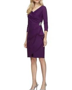 Alex Evenings Short Scuba Sheath Dress with 3/4 Sleeves Summer Plum New