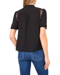 Women CeCe Short Sleeve Button Front Lace Trim Top