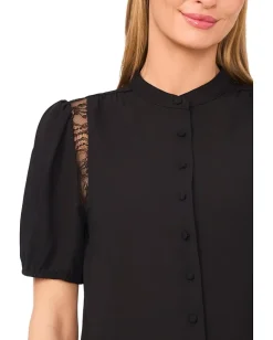 Women CeCe Short Sleeve Button Front Lace Trim Top