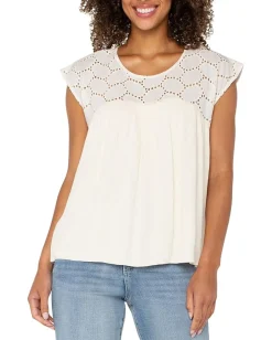 Liverpool Los Angeles Short Sleeve Dolman Boat Neck Woven Blouse W Embroidery Vanilla Eyelet Outlet
