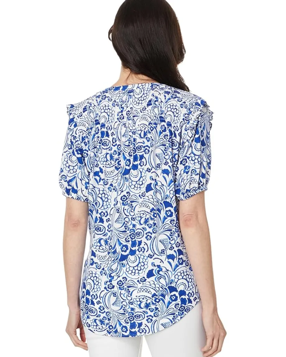 Tommy Hilfiger Short Sleeve Fountain Smocked Yoke Top Ivory/Provence