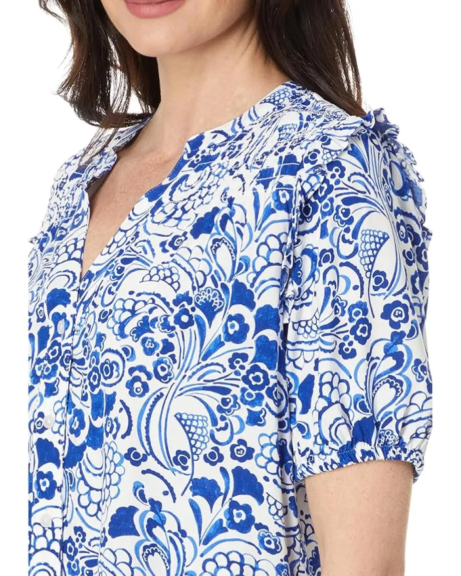 Tommy Hilfiger Short Sleeve Fountain Smocked Yoke Top Ivory/Provence