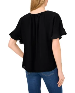 CeCe Short Sleeve Half Button Flowy Blouse Rich Black Best