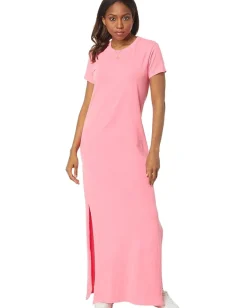 SUNDRY Short Sleeve Maxi Dress w/ Slit Pigment Hot Pink Best