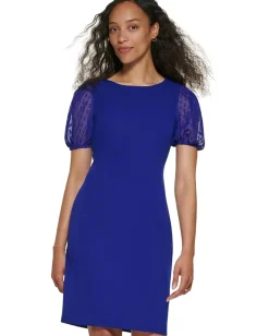 DKNY Short Sleeve Mix Media Sheath Dress Berry Blue