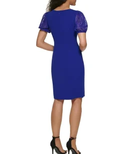 DKNY Short Sleeve Mix Media Sheath Dress Berry Blue