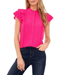 CeCe Short Sleeve Pin Tuck Ruffled Blouse Bright Rose Sale