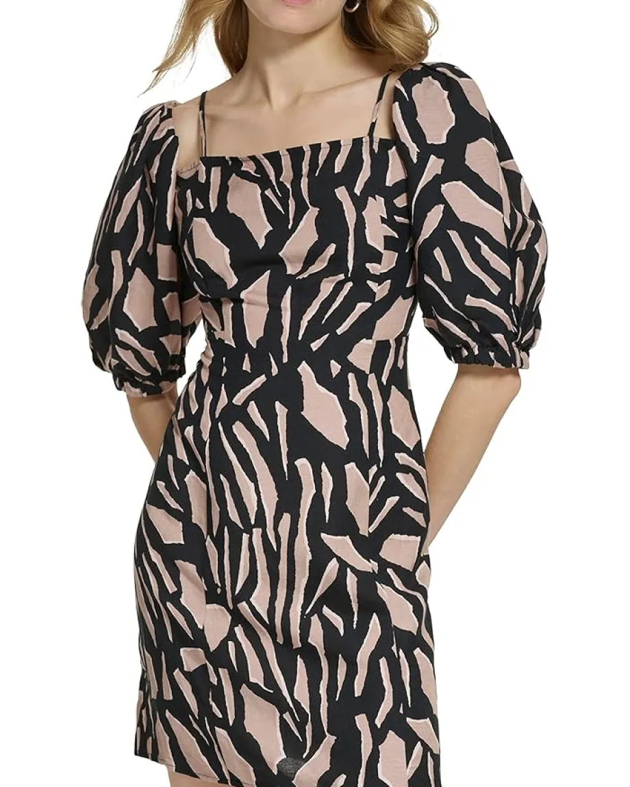 DKNY Short Sleeve Printed Linen Shoulder Strap Midi Dress Black/Cafe Au Lait Multi Discount