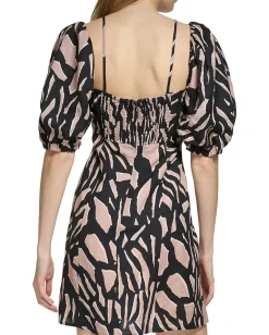 DKNY Short Sleeve Printed Linen Shoulder Strap Midi Dress Black/Cafe Au Lait Multi Discount