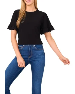 CeCe Short Sleeve Ruffle Detailed Knit Top Rich Black Outlet