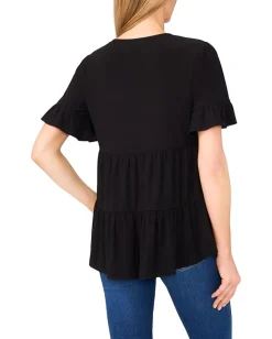 CeCe Short Sleeve Ruffle Detailed Knit Top Rich Black Outlet