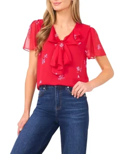 CeCe Short Sleeve Ruffle Tie Neck Top Stoplight Red Sale