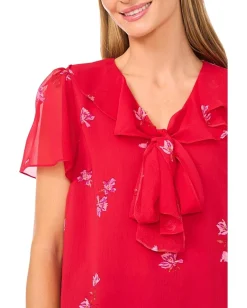 CeCe Short Sleeve Ruffle Tie Neck Top Stoplight Red Sale
