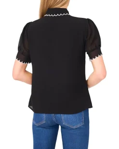 CeCe Short Sleeve Scallop Contrast Trim Button Up Top Rich Black Hot