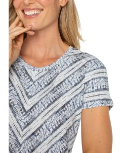 Liverpool Los Angeles Short Sleeve Scoop Neck Knit Top With Miter Front Indigo Ikat Stripe New