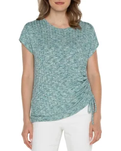 Liverpool Los Angeles Short Sleeve Scoop Neck with Side Tie Detail Space Dye Rib Knit Mermaid Teal Spacedye Best