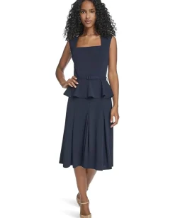 Calvin Klein Short Sleeve Scuba Crepe Belted Peplum Aline Indigo Discount