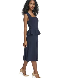 Calvin Klein Short Sleeve Scuba Crepe Belted Peplum Aline Indigo Discount