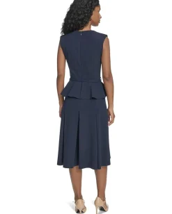Calvin Klein Short Sleeve Scuba Crepe Belted Peplum Aline Indigo Discount