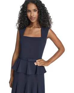 Calvin Klein Short Sleeve Scuba Crepe Belted Peplum Aline Indigo Discount