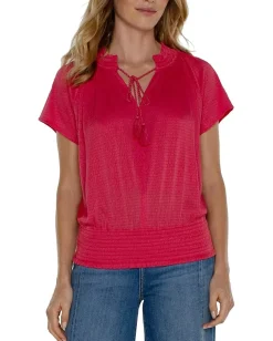 Liverpool Los Angeles Short Sleeve Smocked Raglan Knit Top with Neck Tie Berry Blossom Discount