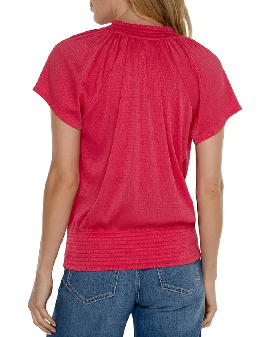 Liverpool Los Angeles Short Sleeve Smocked Raglan Knit Top with Neck Tie Berry Blossom Discount