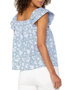 Liverpool Los Angeles Short Sleeve Square Neck Woven Blouse Blue White Floral Stripe Sale
