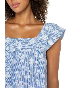 Liverpool Los Angeles Short Sleeve Square Neck Woven Blouse Blue White Floral Stripe Sale