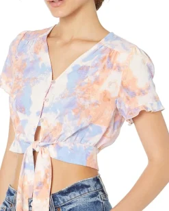 BCBGeneration Short Sleeve Tie Front Button Top V1VX1T18 Abstract Tie-Dye Outlet