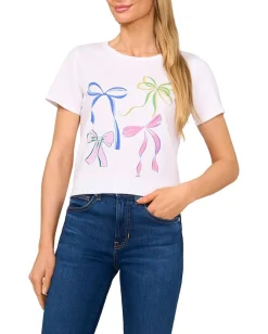 Women CeCe Short Sleeves Crew Neck Tee W/ Graphic Bows Print