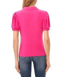 CeCe Short Sleeves Split Neck Collared Top Bright Rose Discount