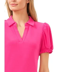 CeCe Short Sleeves Split Neck Collared Top Bright Rose Discount
