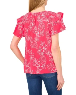 Women CeCe Shoulder Smocking Ruffle Sleeve Tie Top