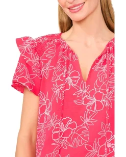 Women CeCe Shoulder Smocking Ruffle Sleeve Tie Top