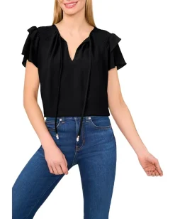 CeCe Shoulder Smocking Ruffle Sleeve Tie Top Rich Black Sale