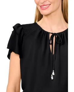 CeCe Shoulder Smocking Ruffle Sleeve Tie Top Rich Black Sale