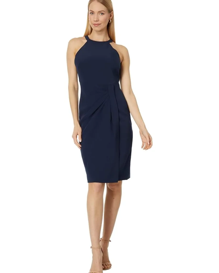 Vince Camuto Side Tuck Halter Bodycon Dress in Stretch Crepe Navy Sale
