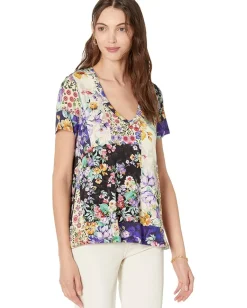 Johnny Was Sky Flower Favorite Short Sleeve V-Neck Swing Tee Multi Hot