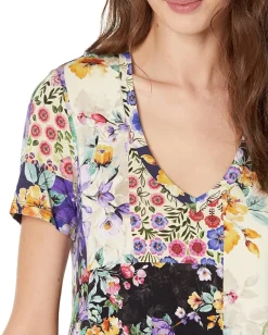 Johnny Was Sky Flower Favorite Short Sleeve V-Neck Swing Tee Multi Hot