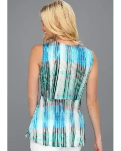 Halston S/L Printed Crewneck Top with Flounce Hem Lagoon Watercolor Plaid Print Clearance