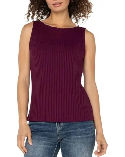 Liverpool Los Angeles Sleeveless Boat Neck Rib Knit Top Wine Berry Clearance