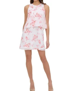 Women Tommy Hilfiger Sleeveless Crescent Floral Double Layer Chiffon Dress