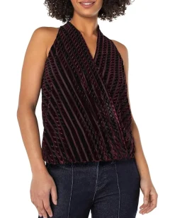 Liverpool Los Angeles Sleeveless Crossover Knit Top W/ Velvet Stripes Black Burgundy Stripe Hot