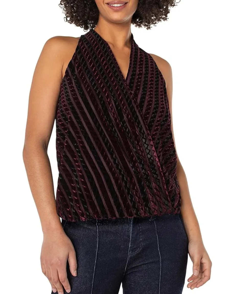 Liverpool Los Angeles Sleeveless Crossover Knit Top W/ Velvet Stripes Black Burgundy Stripe Hot