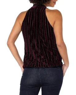 Liverpool Los Angeles Sleeveless Crossover Knit Top W/ Velvet Stripes Black Burgundy Stripe Hot