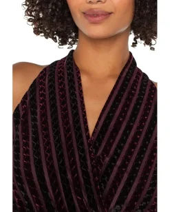 Liverpool Los Angeles Sleeveless Crossover Knit Top W/ Velvet Stripes Black Burgundy Stripe Hot