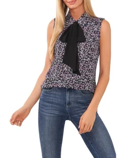 CeCe Sleeveless Floral Bow Blouse Rich Black Hot