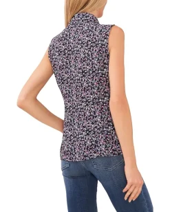 CeCe Sleeveless Floral Bow Blouse Rich Black Hot